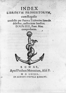 Frontispice of Index Librorum Prohibitorum (Index of Prohibited Books eller Index Exurgatorius) publicerad i Rom 1564. Han listar böcker som romersk-katoliker inte fick läsa. av Unknown artist