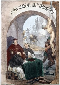 Frontispice of the General History of the Inquisition av Pietro Tamburini med en illustration som visar scener av symbolisk inkvisition. Milano 1850. av Unknown artist
