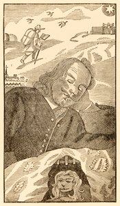 Frontispice från The Pilgrims Progress From This World, To That What Is To Come av John Bunyan (1628-1688) som visar författaren drömma om pilgrimen Christian belastad med kunskapen om sin synd av Unknown