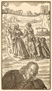 Frontispice från den andra delen av The Pilgrims Progress From This World, To That What Is To Come av John Bunyan (1628-1688) som visar författaren drömma om den kristna familjen, hans fru Christiana och av Unknown