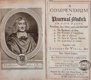 Frontispice av kompendium av praktisk musik i fem delar med lektioner i viola da gamba av Cristopher Simpson av Unknown artist