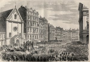 Begravning av kejsar Maximilian I av Mexiko (1832-1867): ankomst av begravningscortegen framför Kapucinerkyrkan i Wien. Gravyr i "" L