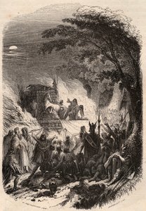 Begravning av en hövding Germain i antiken: hans kropp bränns med sina vapen och sin häst. Gravyr från 1868 i "Histoire de Belgique från primitiv tid till slutet av Leopold I:s rege"" av Theodore Juste (1818-1888). Privat samling. av Unknown artist