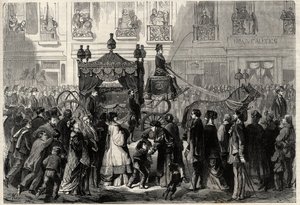 Funerary Cortege under obseques av Gioacchino (Gioachino) Rossini (1799-1868) i Paris. Gravyr i "The Universe illustrious" av Unknown artist