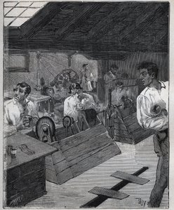 Galvanisk förgyllning: skrapa-boessage av guldjuveler med en skrapa-boesse. Gravyr från 1885 i "" Les arts et metiers illustres"" av Adolphe BITARD. av Unknown artist