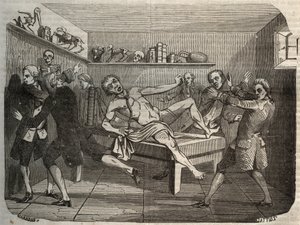Galvanisering av liket av en bödel med högen av Alessandro (Alexandre) Volta: under påverkan av elektricitet verkar liket komma tillbaka till liv. Gravyr från 1856 i "" Le Musee Des Sciences"" av Unknown artist