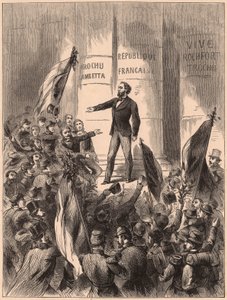 Gambetta, på trappan till Hotel de Ville i Paris, proklamerar republiken efter tillfångatagandet av Napoleon III i slaget vid Sedan i det fransk-preussiska kriget 1870 av Unknown