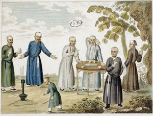 Spel och män som dricker te i Kina - s.d, grav. av Unknown artist