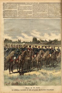 General Felix Gustave (Felix-Gustave) Saussier (1828-1905), militärguvernör i Paris sedan 1884, omringade utländska militära band, granskade trupperna under kön den 14 juli 1891 på slätten Bois de Boulogne. Gravyr i "" Le petit journ av Unknown artist