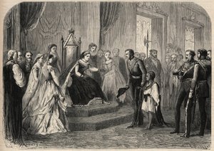 General Robert Cornelis (Cornelius) Napier (1810-1890) introducerade Leul Alemayehou Tewodros (1861-1879), son till den etiopiske negus Theodoros II (Tewodros), för drottning Victoria Iere (1819-1901). Gravyr i "The Universe Illustrious" av Unknown artist