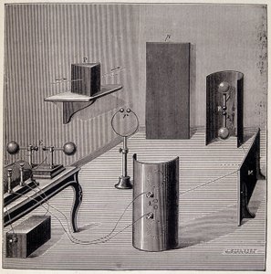 Allmän layout av Heinrich Hertz (1857-1894) experiment på elektriska vågor - i "" Physique populaire" av Emile Desbeaux, Flammarion av Unknown artist