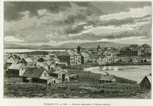 Översikt över Reykjavik. Gravyr för att illustrera historien Professor Nils Adolf Eriks (Eric) baron Nordenskjold (Nordenskiold) (1832-1901) nya expedition på Grönland, av Charles Rabot, i tour du monde 1886, under ledning av Edouard Char av Unknown artist