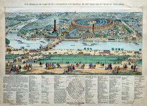 Översikt över världsutställningen 1867 i Paris. Längst ner: parken för militärskolan Champ de Mars. Gravyr Paris, Musee Carnavalet av Unknown artist