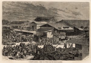 Allmän bild av fiskmarknaden, med hamnen i barkarna för varorna, fäbodarna och stånden för presentation av produkterna, och scenen för försäljning till auktionshusen, med den livliga animationen som återförenar platsen: portfaix, säljare och M av Unknown artist