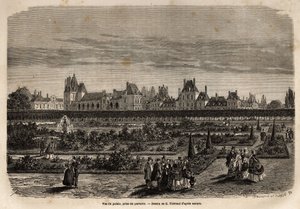 Översikt över slottet och trädgårdarna i Fontainebleau, tagen från golvet. Gravyr för att illustrera en beskrivning av slottet och skogen i Fontainebleau, 1867, av M.Pays, i "Le tour du monde, nouveau journal des voyages"" publicerad under dire av Unknown artist