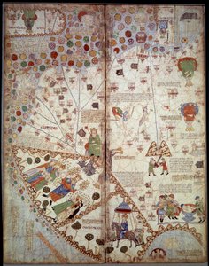 Geografisk karta: Kina, Ganges Valley, Sumatra, Ceylan. Catalan Atlas (katalansk karta) (Spanien). Manuskript från 1375 (Folio 2v - folio 3) av Abraham Cresques. BN, Paris av Unknown artist