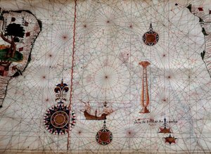 Geografi: detalj av en navigeringskarta över Luis Lazare (1500-talet) som representerar öarna i Tristan da Cunha-skärgården (eller Tristan d