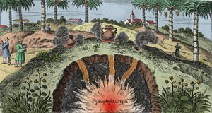 Geologi: skära av jordens bark som förklarar eldens utträde från jorden. Gravyr från "Mundi Mirabilis Oeconomia"" av Johann Zahn (1631-1707) av Unknown artist