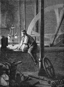 Georges Stephenson, en förararbetare i Newcastle, demonterar och reparerar sin ångmaskin. I” Album de la Science”, Éditions Jouvet av Unknown artist
