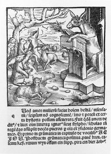 Tysk inkunabel föreställande en åsna som undervisar en klass av skogsdjur. 1490. av Unknown artist