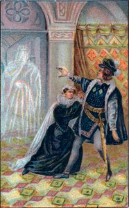 Gertrude, Hamlet och Hamlets fars spöke. I "" Hamlet", av William Shakespeare. Kromolitografi från slutet av 1800-talet. av Unknown artist