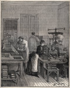 Förgyllning av böcker (omslag) i järn i en verkstad i Frankrike på 1800-talet. Gravyr från 1885 i "" Les arts et metiers illustres"" av Adolphe BITARD. av Unknown artist
