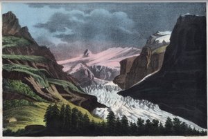 Glacier de Grindelwald i Schweiz - Schweiz, Grindelwald glaciär på 1800-talet - gravyr från "" Seder och traditioner för alla folk i universum. Det är historien om regeringen, om lagarna, om milisen, om religionen från alla nationer av Unknown artist