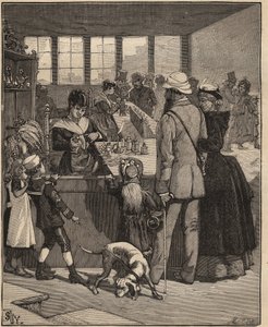 Glaskonst: turister som köper en pärla blåst i en glasfabrik i Venedig, Italien. Gravyr från 1885 i "" Les arts et metiers illustres"" av Adolphe BITARD. av Unknown artist