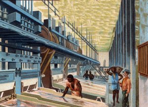 Guld grävning. Malmmalningen i burken tvättas med mycket vatten och passerar sedan över kopparplattorna för att separera guldet från de andra materialen. Kromolitografi i slutet av 1800-talet. av Unknown artist