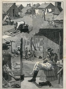 Guldsökare i Australien: fläck av gruvarbetares dagliga liv under deras vilodagar (rengöring och torkning av linne, strumpor, etc.). Gravyr från 1885 i "" Les arts et metiers illustres"" av Adolphe BITARD. av Unknown artist