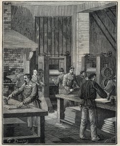 Guldsmed: förberedelse av plåten, förberedelse av metallen för utförande av ett speciellt silverföremål. Gravyr från 1885 i "" Les arts et metiers illustres"" av Adolphe BITARD. av Unknown artist