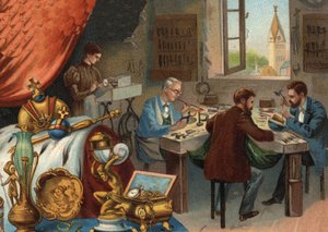 Guldsmedsverkstad, juvelerare: svetsning och mejsning av guld. av Unknown artist