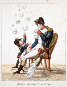Borta med vinden: Napoleon gör såpbubblor från Toscana, Schweiz, Holland, Neapel, Rom, Spanien och Europa - i "" Napoleon 1st, karikatyrer, dummy-samling", ca. 1814 av Unknown artist
