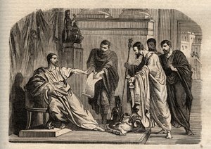 Gordian I (158-238) vägrade kejserlig värdighet - Gordianus I (Marcus Antonius Gordianus Sempronianus Romanus Africanus) vägrade den kejserliga värdigheten - gravyr i "" Dictionnaire populaire illustrious" - 1864 - av Joseph Decembre och Edmond Allonier - av Unknown artist