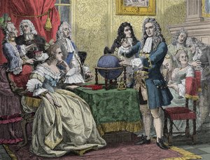 Gottfried Wilhelm Leibniz (1646-1716) på besök hos drottning Sophie Charlotte av Preussen (Sophie-Charlotte av Hannover) av Unknown artist