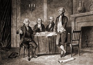 Guvernör Morris (1752-1816), med Adams, Hamilton och Jefferson. av Unknown artist