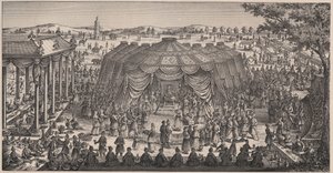 Stor bankett ges av Tamerlan (1336-1405) (eller Timur Lang, "Timur den lame") på slätten Khani Gheul för att fira hans barnbarns bröllop - Gravyr från 1800-talet av Unknown artist