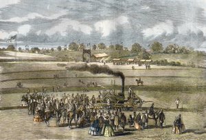 Storbritannien: Jordbruk, plöjningsscen. Boydell ångplog nära Louth 1854. (ångplogning med Boydells motor nära Louth). av Unknown artist
