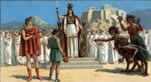 Stora grekiska tragedier: "The Orestia"" av Aischylus. Oreste framträdde inför Areopage eller Atens högsta domstol, under ordförandeskap av gudinnan Pallas Athene eller Minerva, assisterad av Apollo. Till höger är Eumenides (de tre furierna). Orestie är fr av Unknown artist