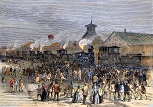 Stor järnvägsstrejk 1877, blockad av motorer i Martinsburg, West Virginia av Unknown artist