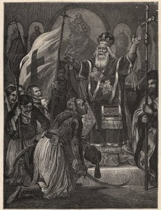 Grekiska frihetskriget 1821 - 1829: biskop Germanos (Germain) III av Gamla Patras (Georgios Gotzias) välsignar flaggan för kampen för frihet, Agia Lavra-klostret (Sainte Laure du Peloponnesos), 21 mars 1821 - gravyr efter målning av Unknown artist