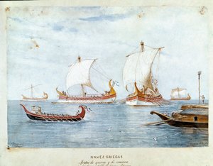 Grekiska krigsskepp och handel (akvarell av Unknown artist