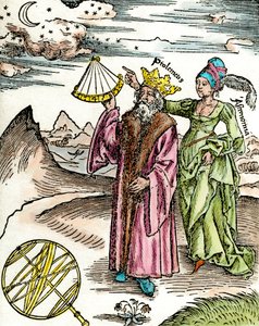 Den grekiske astronomen Claude Ptolemaeus (Claudius Ptolemaeus) (cirka 90-omkring 168 e.Kr.) med hjälp av en sextant och astronomi. Gravyr från 1503. Privat samling av Unknown artist