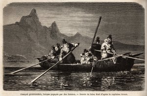 Grönland Umyak, typ av båt som drivs av kvinnor. Gravyr för att illustrera resan till den arktiska polens fria hav, av doktor Hayes, kirurg vid den amerikanska flottan, 1860-1862, publicerad i "Le tour du monde, nouveau journal des voyages", redigerad b av Unknown artist