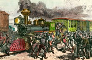 Greve på järnvägslinjen som förbinder Baltimore, Ohio. Arbetare jagar förare och ingenjörer från ett tåg på väg till Baltimore. 1877 1800-talsgravyr Privat samling av Unknown artist