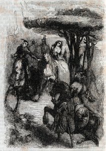 Griffon möter Origille - gravyr från 1851 från "" Furious Roland"" (Orlando furioso) (1500-talet) av Ludovico Ariosto, känd som Ariosto - Edition översatt från italienska av greven av Tressan och publicerad av Gustave Harvard 1851 av Unknown artist