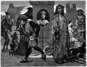 Gringoire, Quasimodo, La Esmeralda, La Sachette och Phoebus. Huvudpersoner i teaterstycket "" Notre Dame de Paris", drama av Paul Meurice (1912-1979) av Victor Hugo (1802-1885) representerad på Theatre des Nations. Gravyr i "" Le Monde illust av Unknown artist