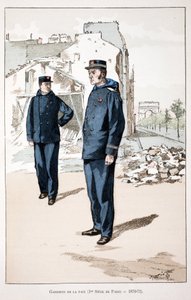 Guardians of Peace (första sätet i Paris 1870-1871). Etsning i färger, för illustration "" History of the Corps of Peacekeepers""" bok publicerad under beskydd av Louis Lepine (1846-1933), prefekt för polisen på Seine, av Alfred Rey (1864-? av Unknown artist