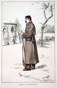 Fredens väktare mobiliserar (1871). Etsning i färger, för illustration "" History of the Corps of Peacekeepers""" bok publicerad under beskydd av Louis Lepine (1846-1933), prefekt för polisen vid Seine, av Alfred Rey (1864-?) och Louis F. av Unknown artist
