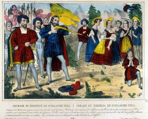 Guillaume Tell (William Tell) (legendarisk hjälte från schweizisk självständighet). Barbaren Gesler tvingar Guillaume Tell att ta bort med en pil ett äpple placerat på hans barns huvud. 1800-talsgravyr av Unknown artist